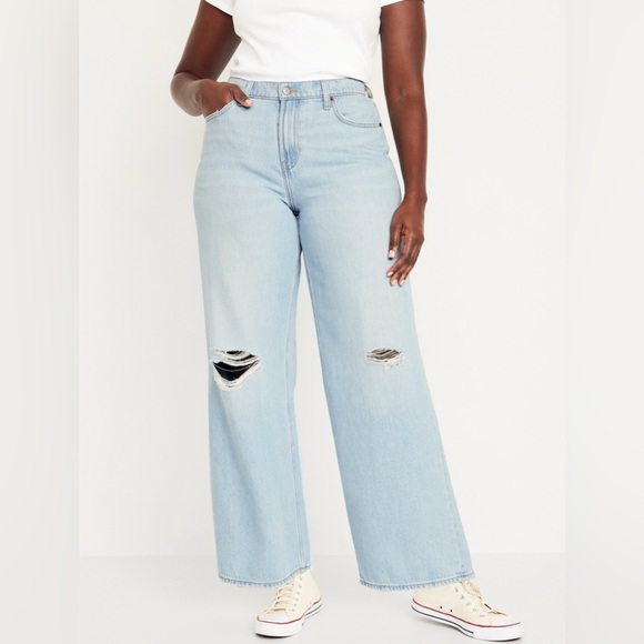 Old navy mid-rise ripped baggy wide-leg jeans light distressed - Picture 5 of 9